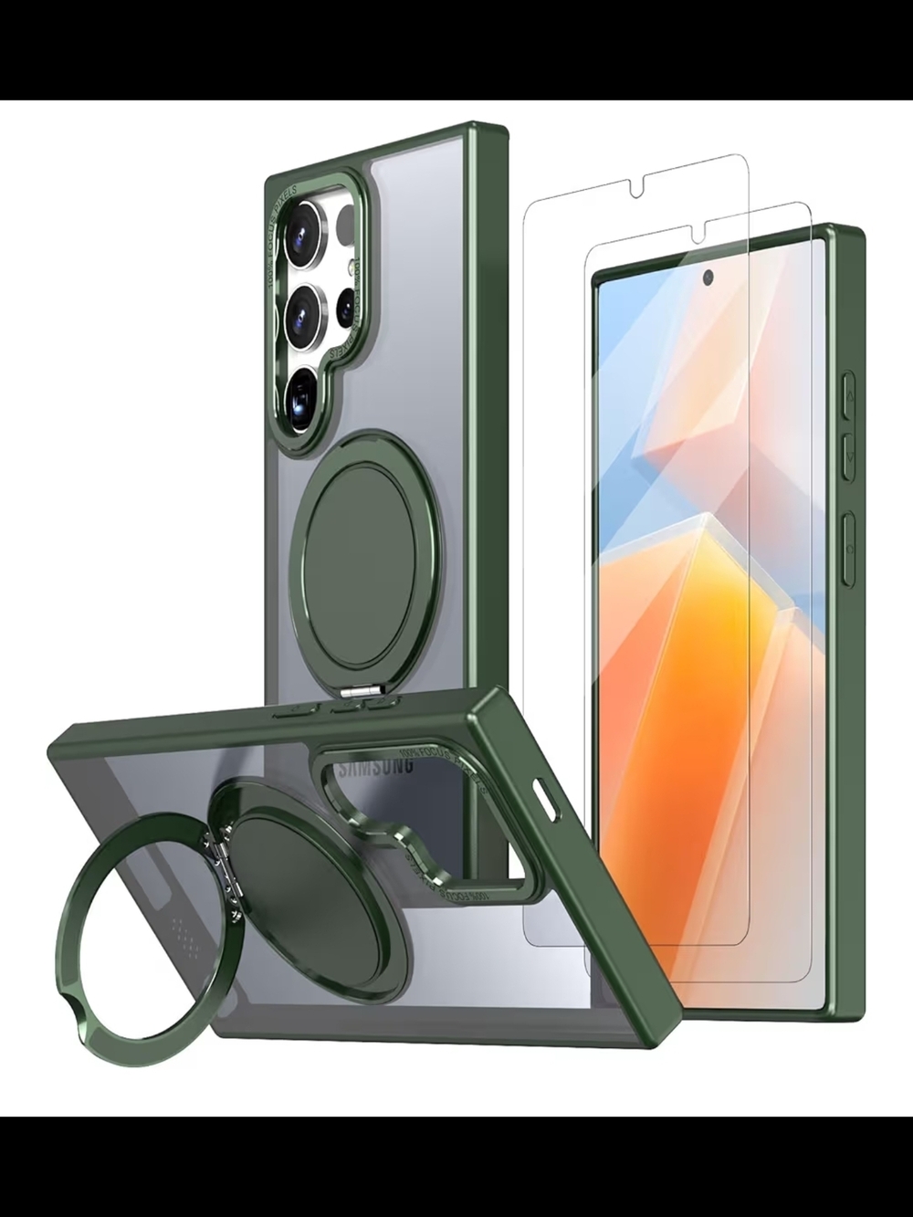 Green Clear Ring Kickstand Phone Case for Samsung S24 Ultra